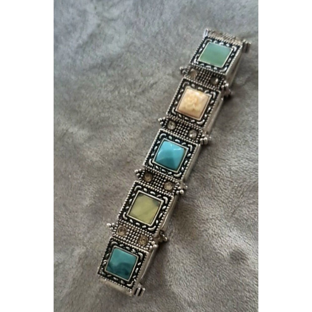 Vtg Liz Claiborne Southwestern Boho Stretch Bracelet Turquoise And Cream Colored